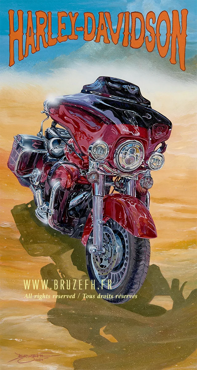 Peinture acrylique d'une Harley Davidson Ultra Glide, par l'artiste Bruzefh