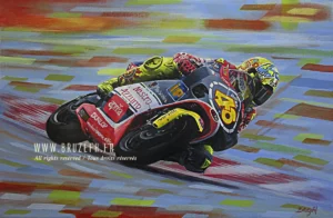 Valentino Rossi sur Aprilia RSV250, 1999 - Peinture acrylique sur toile de Bruzefh