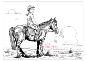 Fillette et son cheval, dessin noir et blanc par l'artiste Bruzefh