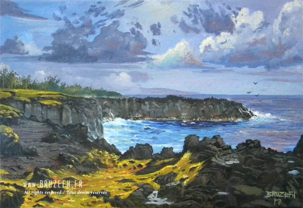 Reproduction à la peinture à l'huile du Cap Méchant (La Réunion), par Bruzefh.